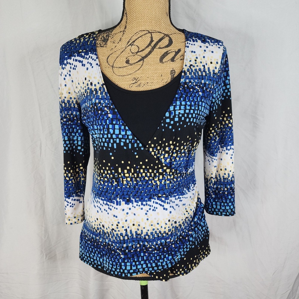 Vtg AB STUDIO Size Med Faux Wrap Layered Jersey Stretch‎ Business Casual Blouse